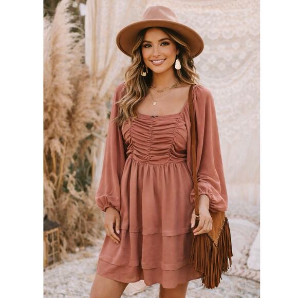 Mittoshop Dresses & Skirts - Mittoshop Darling Detailed Ruched Mini Dress Boho Long Sleeve Size Large Costume